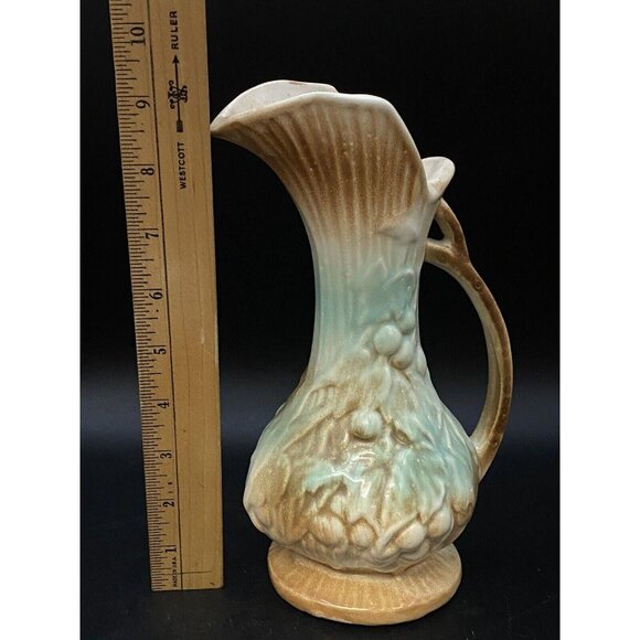 McCoy Pottery Footed Pitcher Vase Aqua Blue Brown Leaves Grape Vine Vintage - Picture 8 of 9